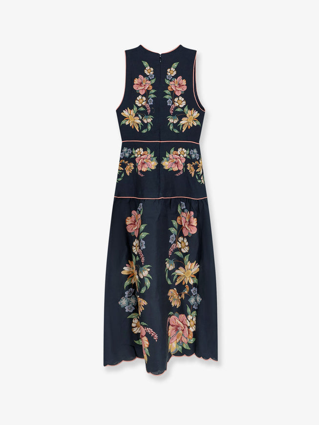 Farm Rio Maira Long Linen Dress With Floral Print