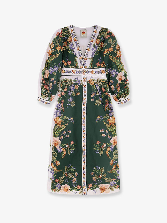 Farm Rio Long Cotton Dress With Floral Print Naturegreen