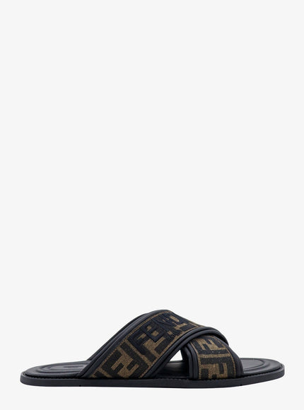Fendi Ff Jacquard Fabric Sandals With Embroidered Logo Tabacco Nero+Nero