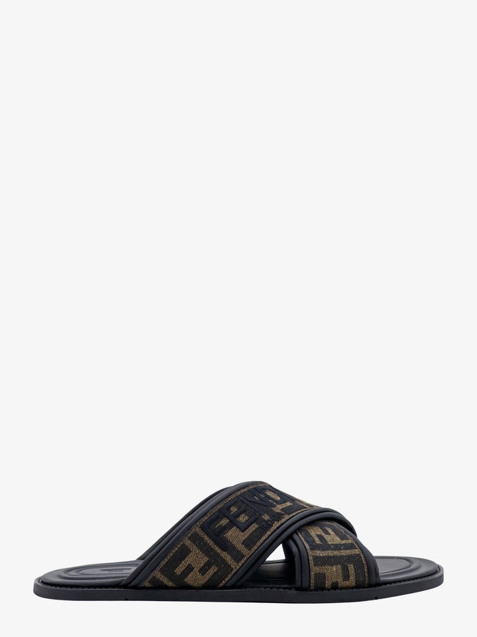 Fendi Ff Jacquard Fabric Sandals With Embroidered Logo Tabacco Nero+Nero