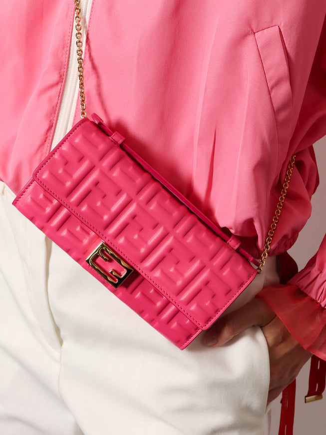 Fendi Continental With Chain Baguette Leather Shoulder Bag With Embossed Ff Logo