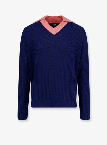 Fendi Cotton Sweater With Contrasting Collar Blu Ink+Peonia