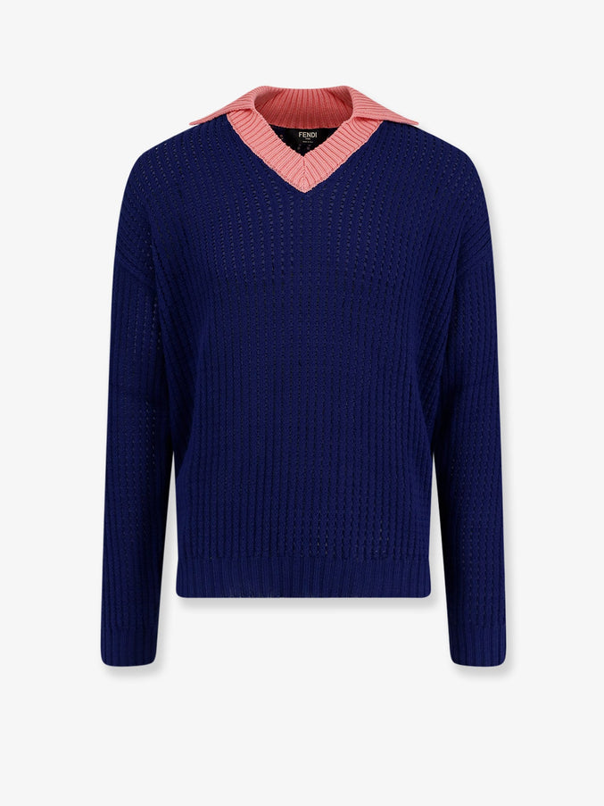 Fendi Cotton Sweater With Contrasting Collar Blu Ink+Peonia