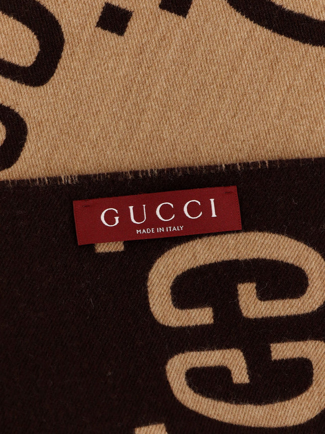 Gucci Wool And Silk Scarf With Gg Jacquard Motif Uni Dark Brown Beige