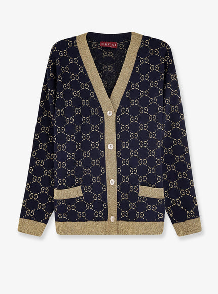 Gucci Cotton Blend Cardigan With All-Over Gg Logo Blue Gold