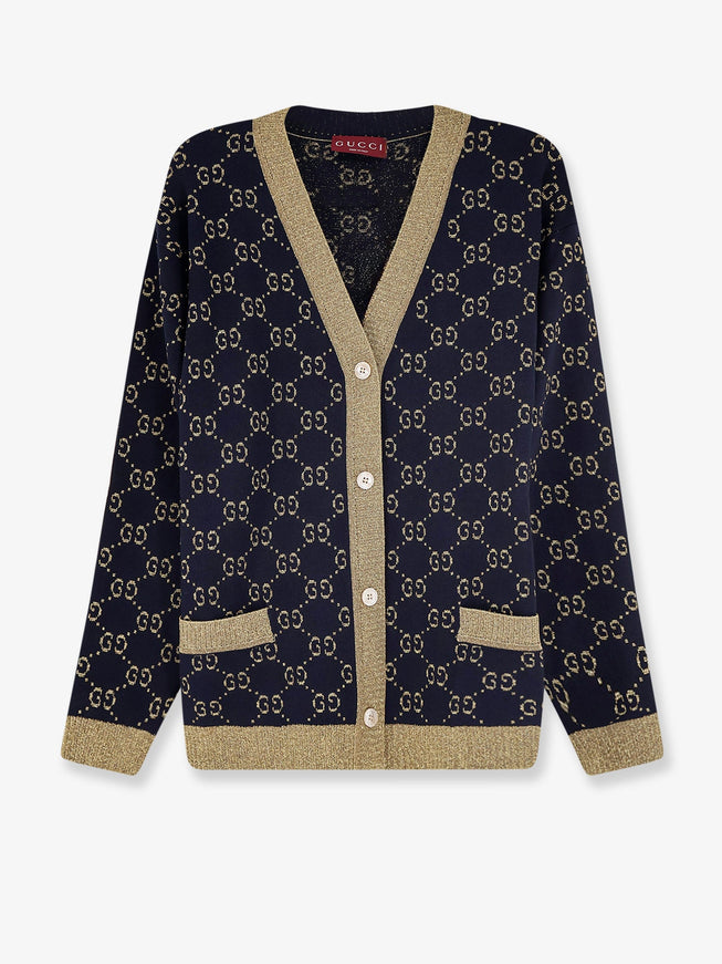 Gucci Cotton Blend Cardigan With All-Over Gg Logo Blue Gold