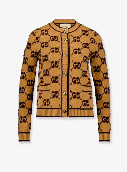 Gucci Wool Cardigan With Gg Inlay Camel Brown