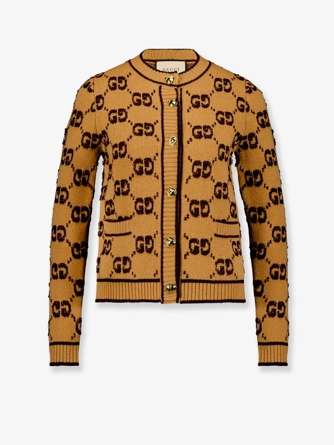 Gucci Wool Cardigan With Gg Inlay Camel Brown