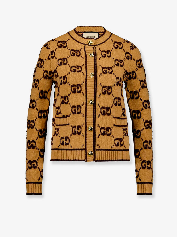 Gucci Wool Cardigan With Gg Inlay Camel Brown