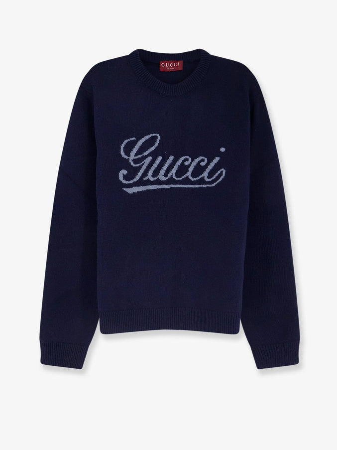 Gucci Wool Sweater With Frontal Embroidered Logo Olimpus Blue Grey