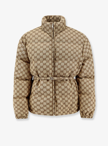 Gucci Gg Fabric Padded Jacket With Belt 42 Camel Mix