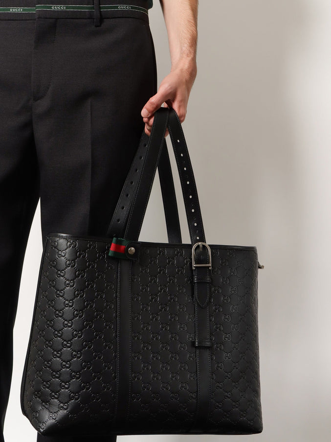 Gucci Gg Emblem Leather Shopping Bag With Embossed Gg Motif