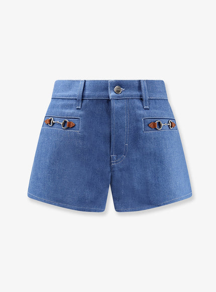 Gucci Cotton Shorts With Frontal Iconic Horsebits Baby Blue