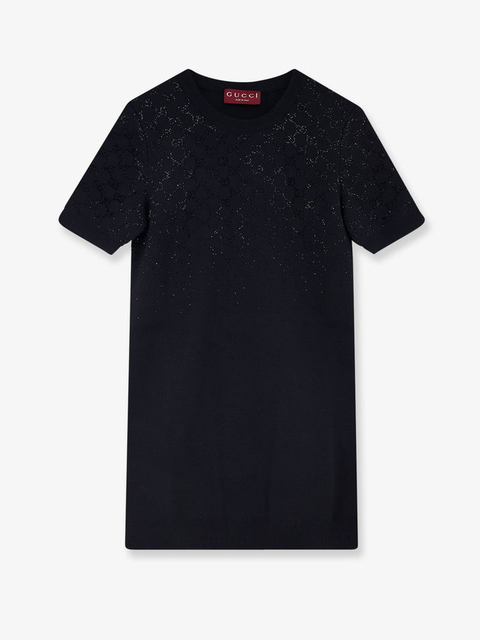 Gucci Short Wool Dress With Gg Crystals S Black Mix