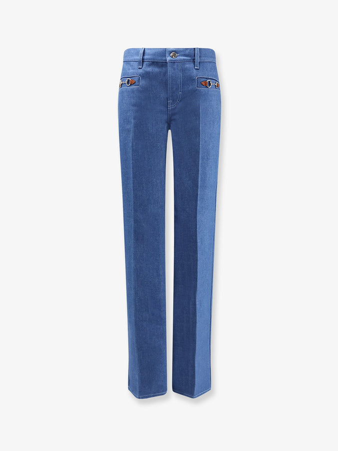 Gucci Cotton Jeans With Iconic Frontal Horsebits Baby Blue