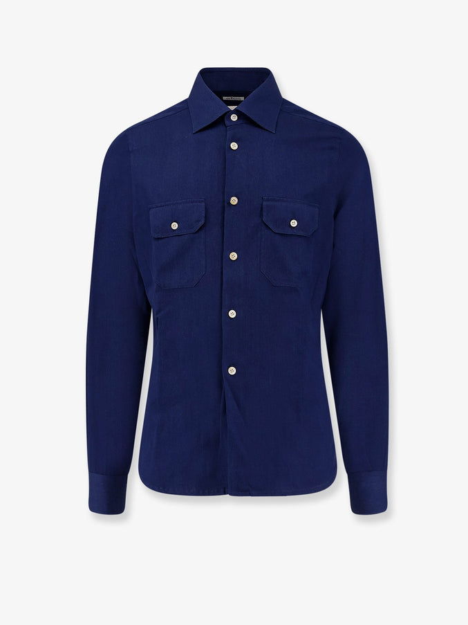 Kiton Ciro Paone Cotton Shirt With Stitched Profiles Blu
