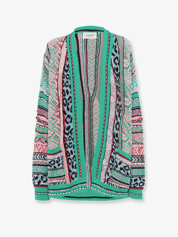 Laneus Multicolor Jacquard Cotton Cardigan Verde Smeraldo