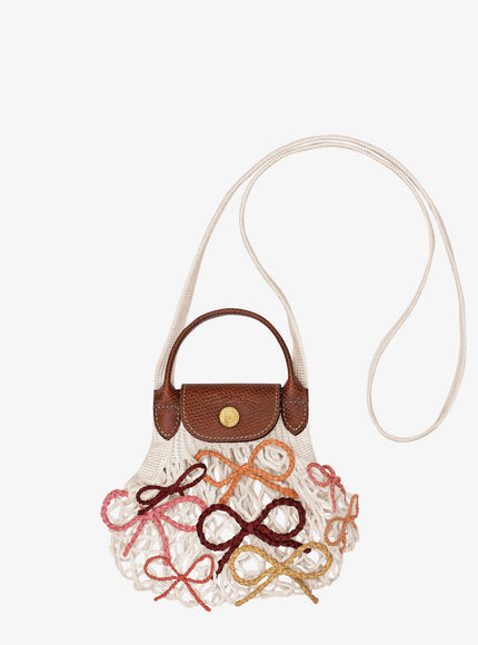 Longchamp Paris Le Pliage Filet Canvas Shoulder Bag With Raffia Bow Detail Uni Ecru