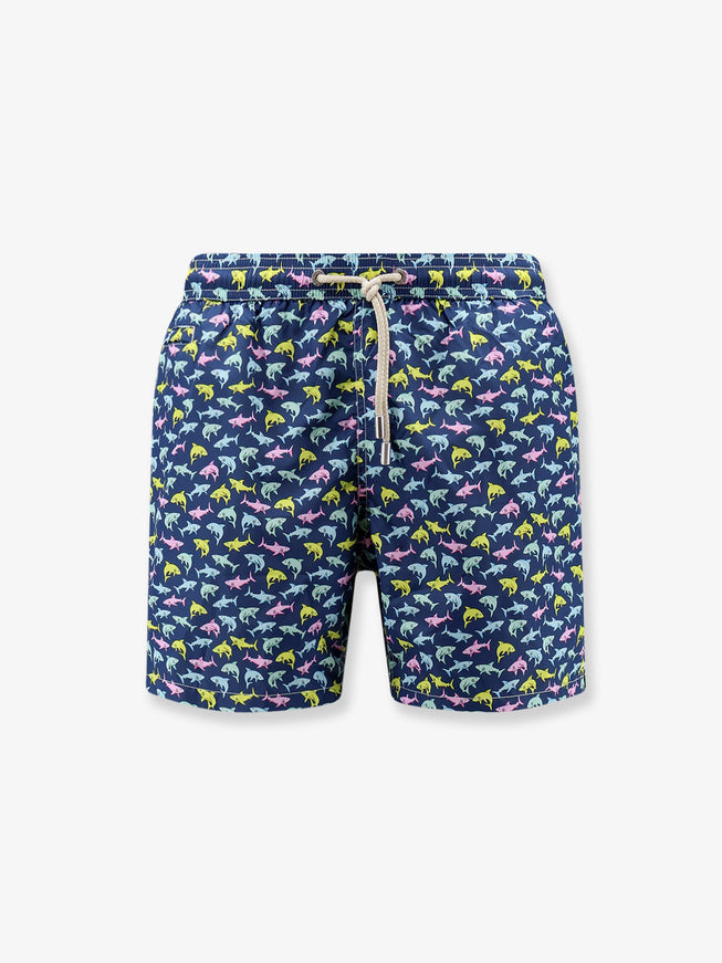Mc2 Saint Barth Nylon Swim Shorts With Shark Trouble Print Blu