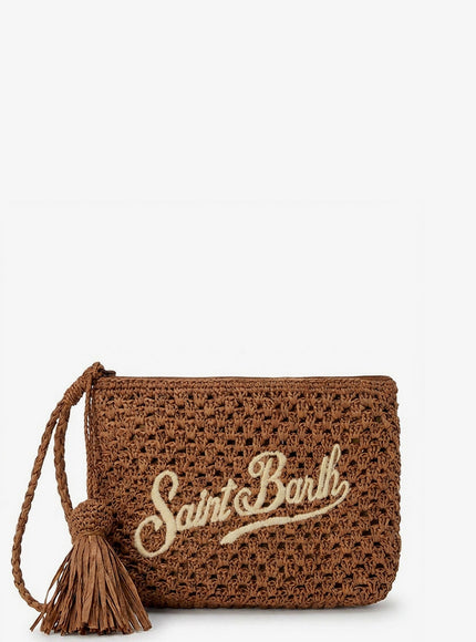 Mc2 Saint Barth Woven Raffia Clutch With Embroidered Logo Uni Marrone
