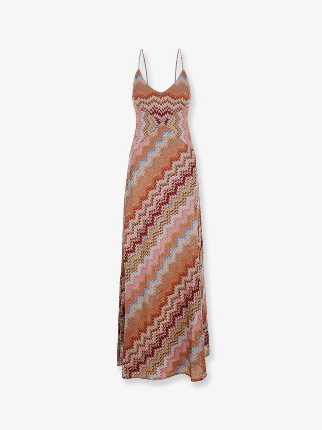 Missoni Long Viscose Dress With Chevron Pattern Pink Rust