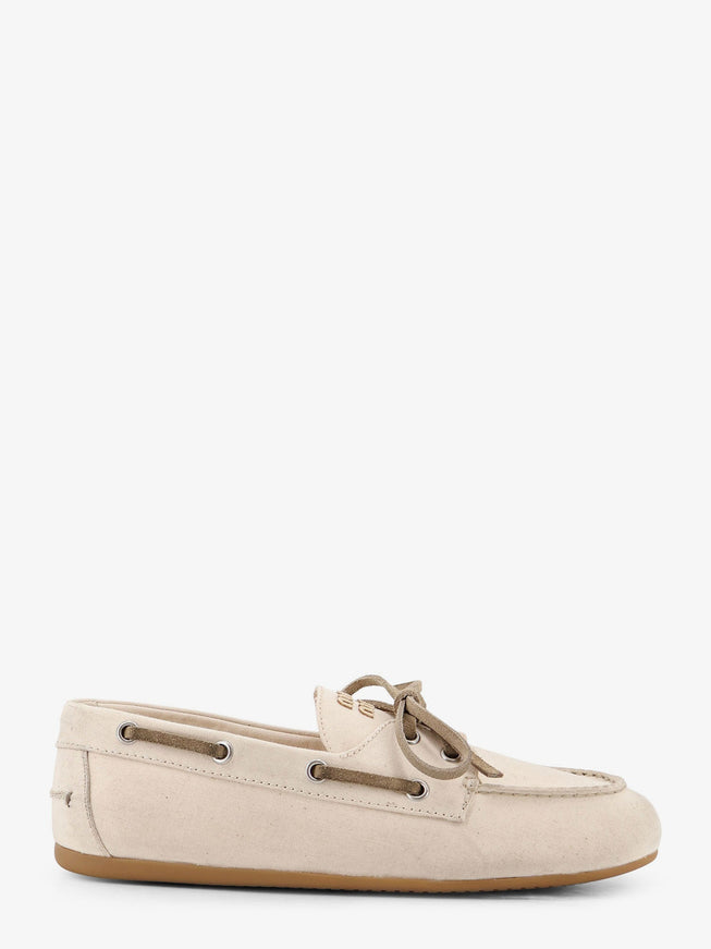 Miu Miu Fabric Loafers With Front Lettering Logo Ecru