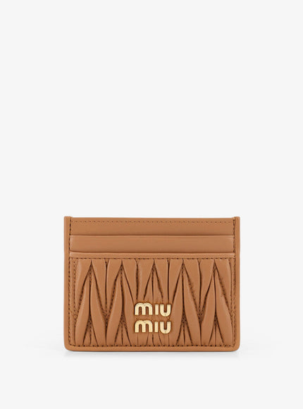 Miu Miu Quilted Leather Card Holder With Metal Lettering Logo Uni Caramel