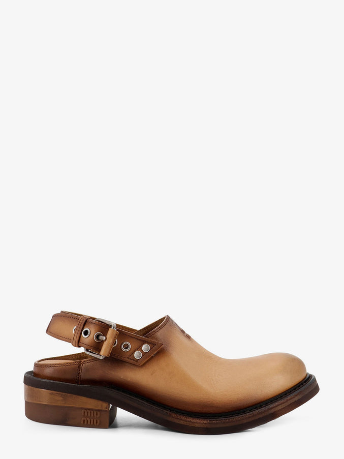 Miu Miu Foule Leather Sabot Sandals Cuoio