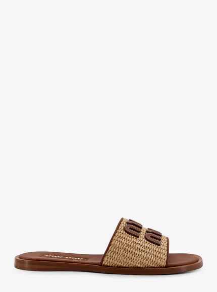 Miu Miu Raffia And Leather Sandals With Logo Lettering Naturale