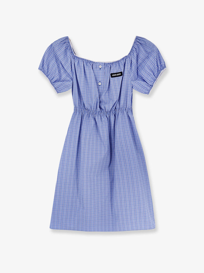 Miu Miu Madras Cotton Mini Dress Celeste