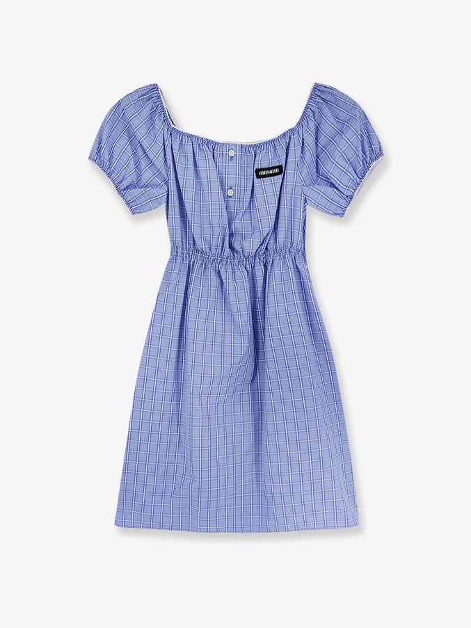 Miu Miu Madras Cotton Mini Dress Celeste