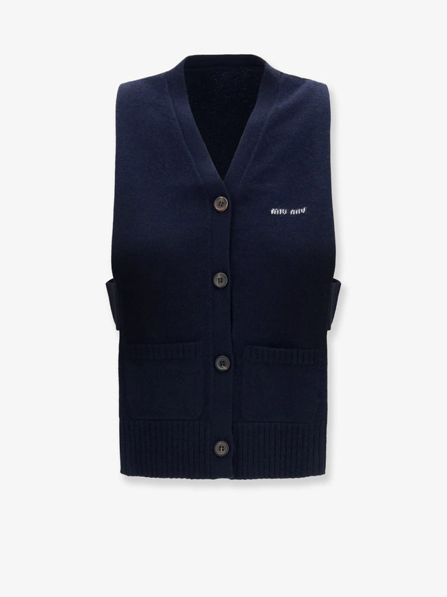 Miu Miu Cashmere Cardigan With Logo Inlay 40 Bleu