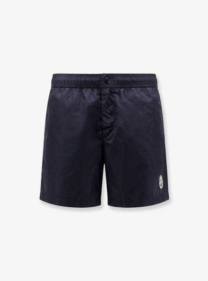 Moncler Nylon Swim Trunks With Logo Patch On The Bottom Blu