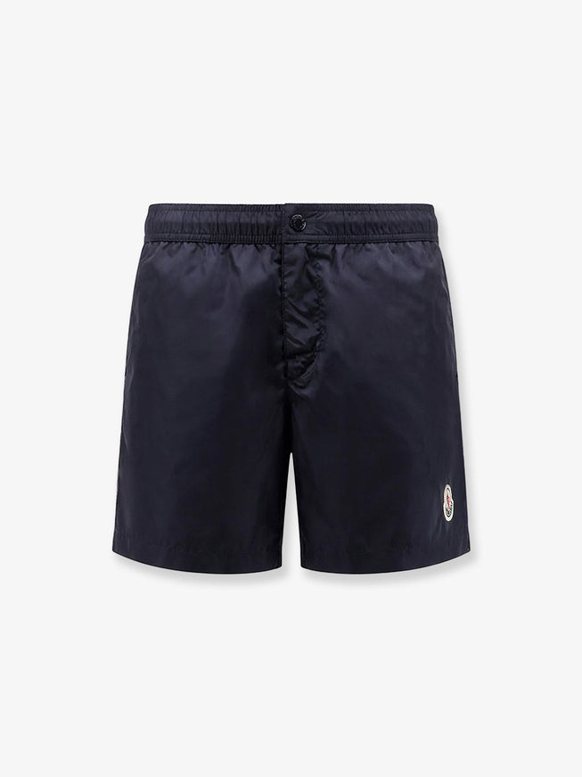 Moncler Nylon Swim Trunks With Logo Patch On The Bottom Blu