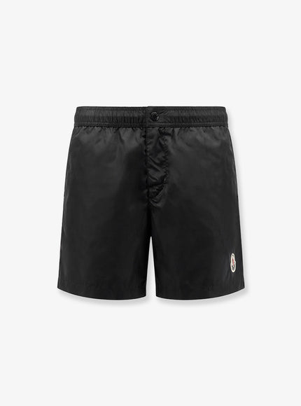 Moncler Nylon Swim Trunks With Logo Patch On The Bottom Nero