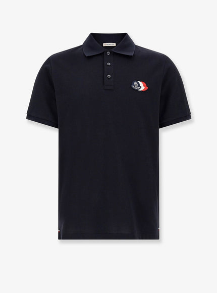 Moncler Cotton Polo Shirt With Tricolor Logo Patch Blu