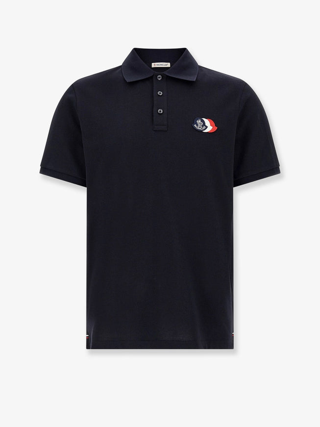 Moncler Cotton Polo Shirt With Tricolor Logo Patch Blu
