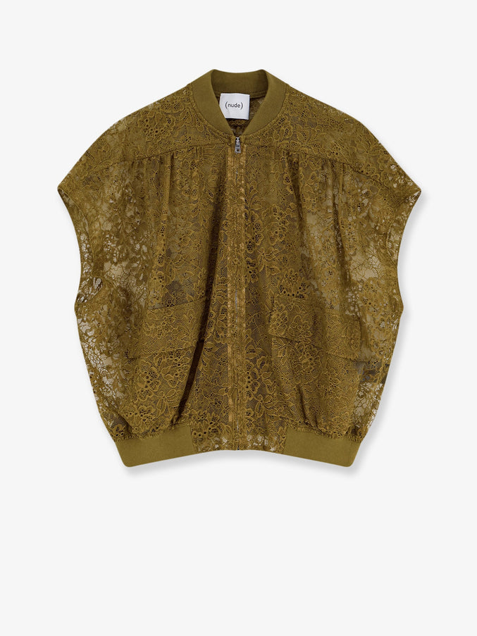 Nude Sleeveless Lace Jacket Khaki