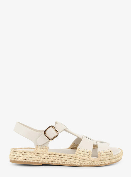 Paloma Barcelo' Yuka Leather Sandals With Woven Raffia Sole Off White