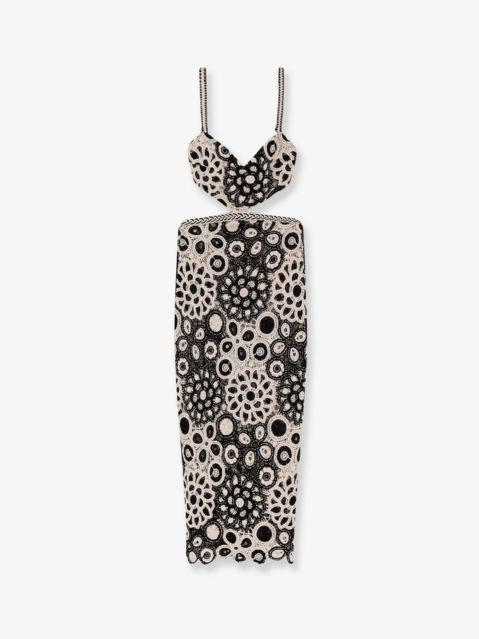 Patbo Long Crochet Dress With Floral Pattern Blackwhite