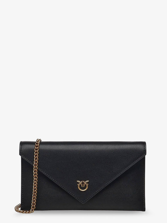 Pinko Leather Clutch Bag With Metal Love Birds Logo Uni Nero