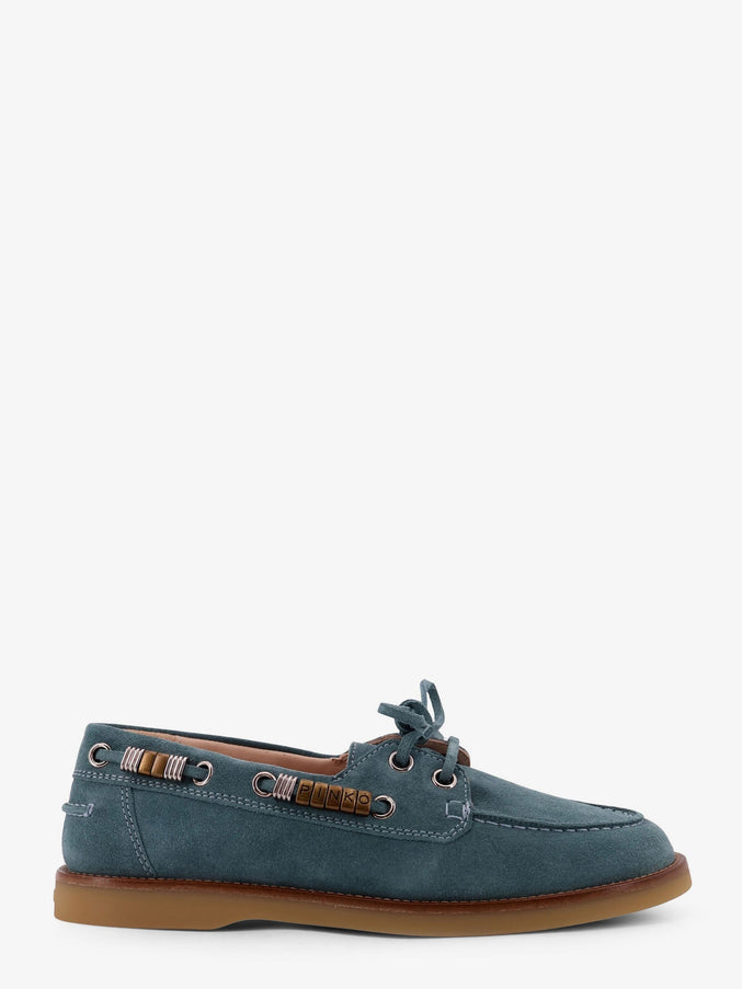Pinko Grace Suede Loafers With Metal Lettering Logo Celeste