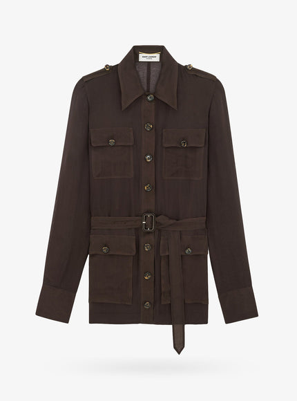 Saint Laurent Biologic Silk Dress With Belt At Waist 38 Marrone