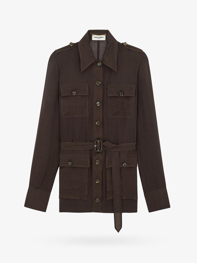Saint Laurent Biologic Silk Dress With Belt At Waist 38 Marrone