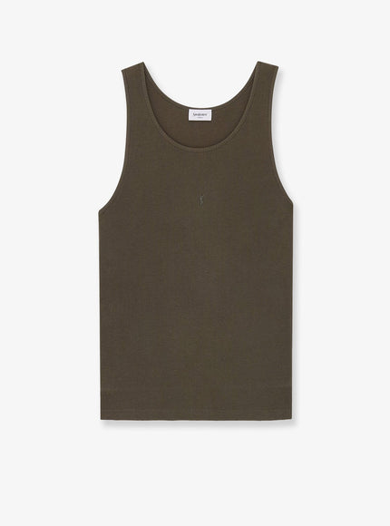 Saint Laurent Ribbed Cotton Top Kaki Fonce