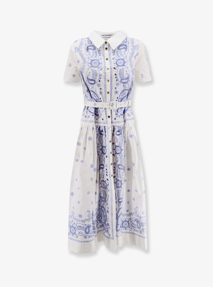 Self Portrait Long Cotton Dress With All-Over Contrasting Embroidery White