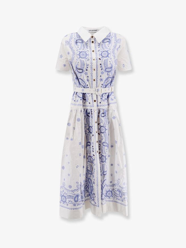 Self Portrait Long Cotton Dress With All-Over Contrasting Embroidery White