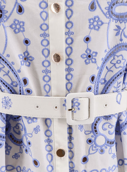 Self Portrait Long Cotton Dress With All-Over Contrasting Embroidery