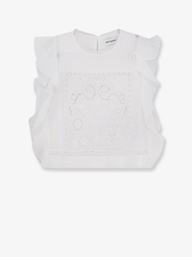 Self Portrait Ramie Top With Lace Inserts White