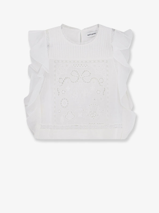Self Portrait Ramie Top With Lace Inserts White